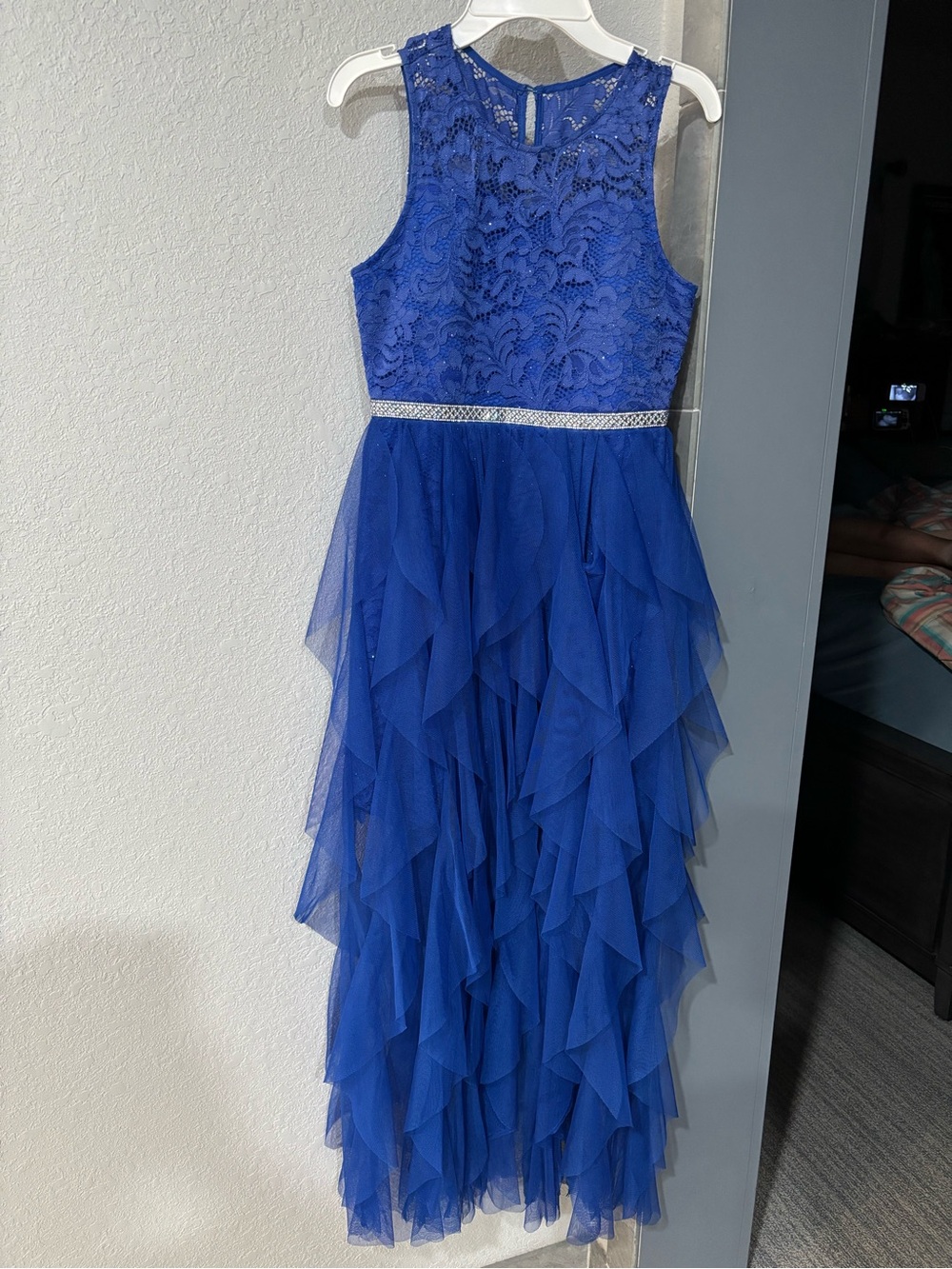 Rare Editions Glitter-Accented-Lace Bodice/Cascading Walk-Through Skirted Dress